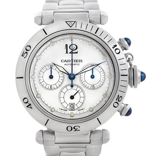 This image shows a frontal view of a Cartier Pasha W31030H3 Men's Stainless Steel Silver Dial W31030H3 Men's Stainless Steel Silver Dial watch, highlighting the bezel, dial, subdials, and bracelet.