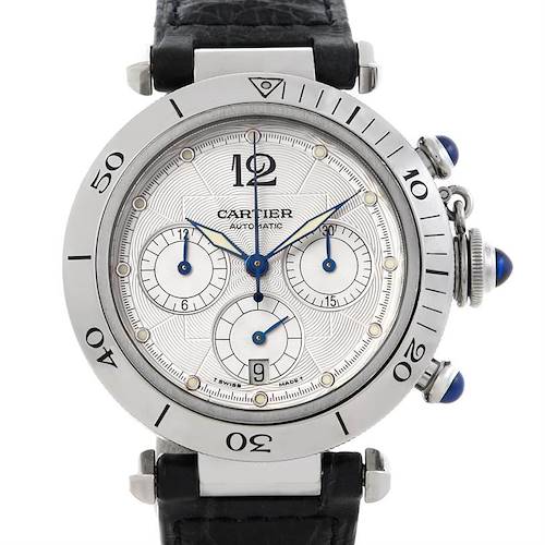 The image shows a front view of the Cartier Pasha W3103055 Men's Stainless Steel Silver Dial W3103055 Men's Stainless Steel Silver Dial model watch, highlighting its dial, bezel, and strap.