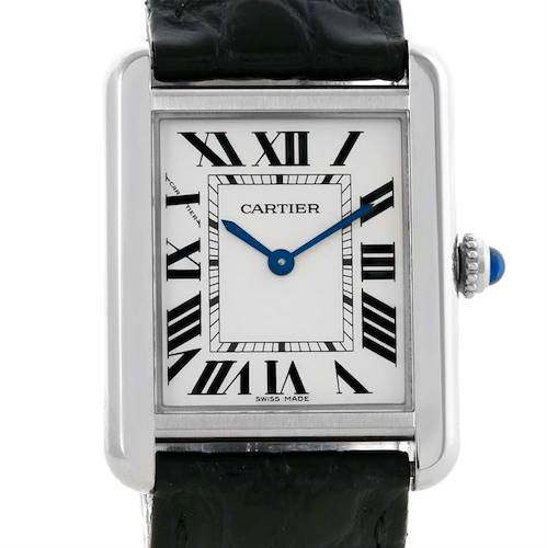 This image shows a front view of the Cartier Tank Solo W1018255 Women's Stainless Steel Silver Dial W1018255 Women's Stainless Steel Silver Dial watch, focusing on the watch face, Roman numerals, and black leather strap.