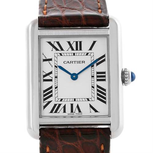The Cartier Tank Solo W1018255 Women's Stainless Steel Silver Dial W1018255 Women's Stainless Steel Silver Dial watch is shown from the front, displaying its rectangular dial, Roman numerals, blue hands, and brown leather strap.