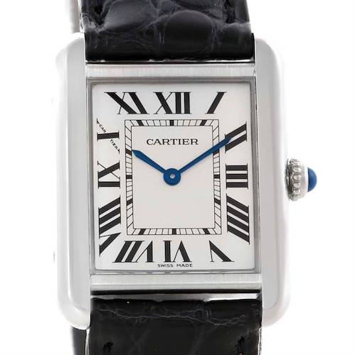The image shows a front view of the Cartier Tank Solo W1018255 Women's Stainless Steel Silver Dial W1018255 Women's Stainless Steel Silver Dial watch, displaying its face, hour markers, hands, and part of the strap.