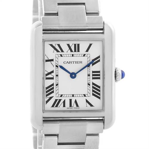 This image shows a front view of the Cartier Tank Solo W5200013 Women's Stainless Steel Silver Dial W5200013 Women's Stainless Steel Silver Dial watch, highlighting its face, Roman numerals, blue hands, and part of the bracelet.