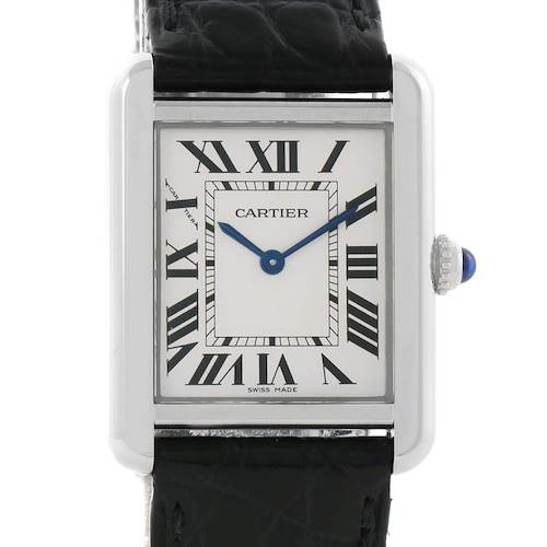 This image shows the front view of the Cartier Tank Solo W1018255 Women's Stainless Steel Silver Dial W1018255 Women's Stainless Steel Silver Dial watch, highlighting the face, roman numerals, and part of the strap.