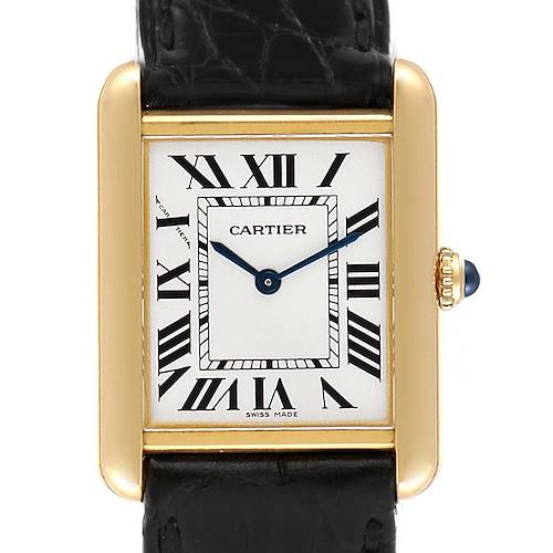 The image shows a front view of the Cartier Tank Solo W1018755 Women's Steel and Gold (two tone) Silver Dial W1018755 Women's Steel and Gold (two tone) Silver Dial watch, displaying its rectangular face, roman numerals, and leather strap.