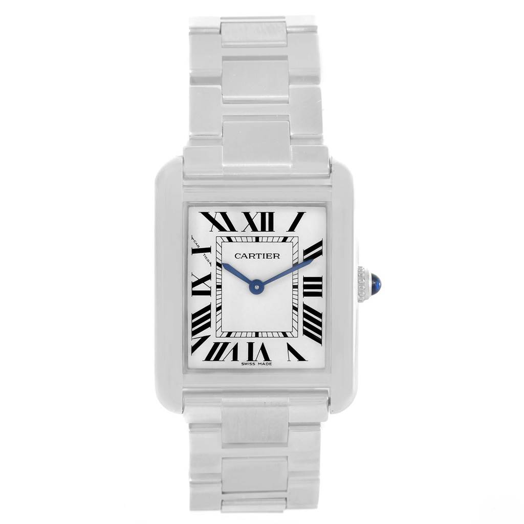 The image shows a front view of a Cartier Tank Solo W5200013 Women's Stainless Steel Silver Dial W5200013 Women's Stainless Steel Silver Dial watch, displaying the face, strap, bezel, and crown.
