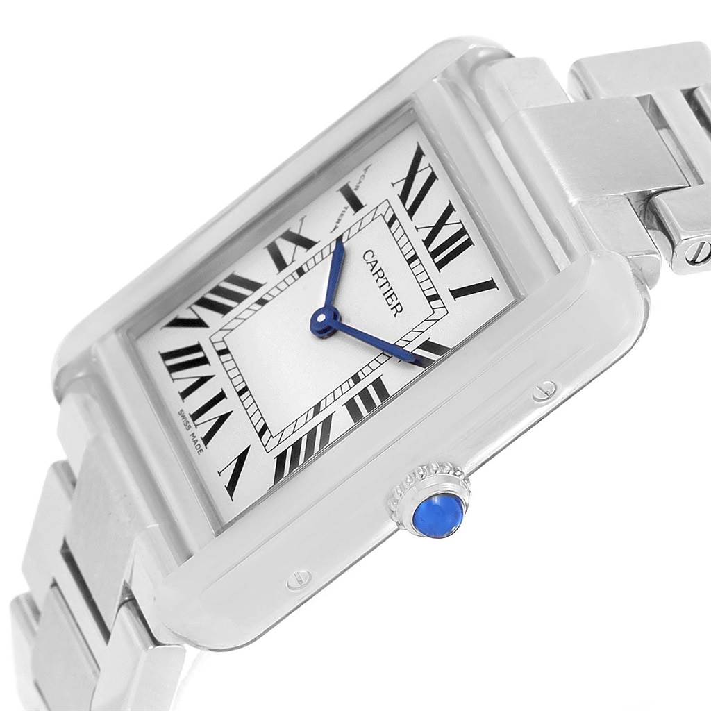 This image shows a close-up, angled view of a Cartier Tank Solo W5200013 Women's Stainless Steel Silver Dial W5200013 Women's Stainless Steel Silver Dial watch with visible rectangular dial and blue crown.