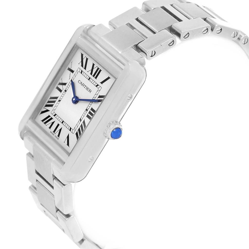 The image shows a Cartier Tank Solo W5200013 Women's Stainless Steel Silver Dial W5200013 Women's Stainless Steel Silver Dial watch, featuring a front and slight side angle view of the watch face and part of the bracelet.