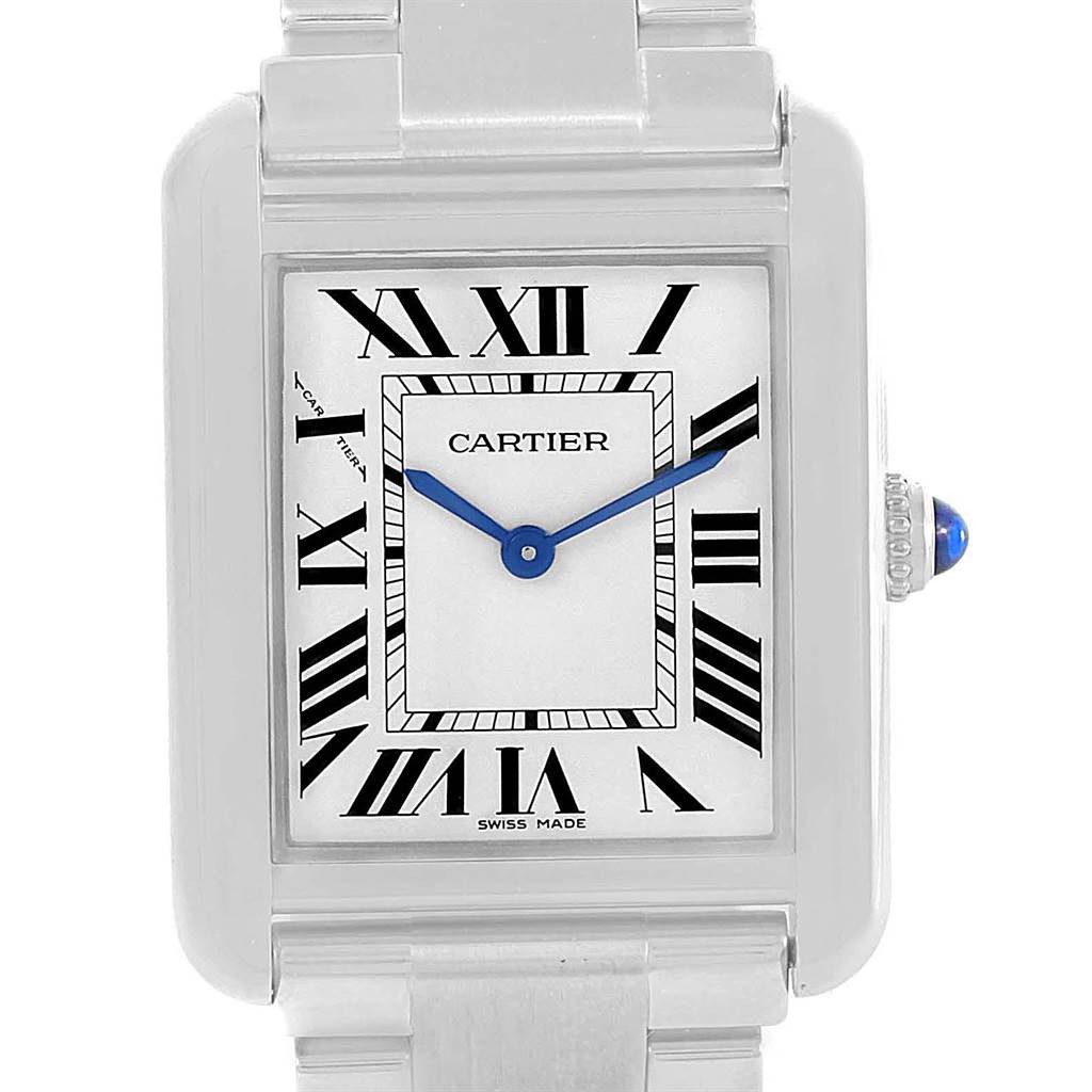 This image shows a front view of the Cartier Tank Solo W5200013 Women's Stainless Steel Silver Dial W5200013 Women's Stainless Steel Silver Dial watch, highlighting its rectangular face, Roman numeral markers, and blue hands.