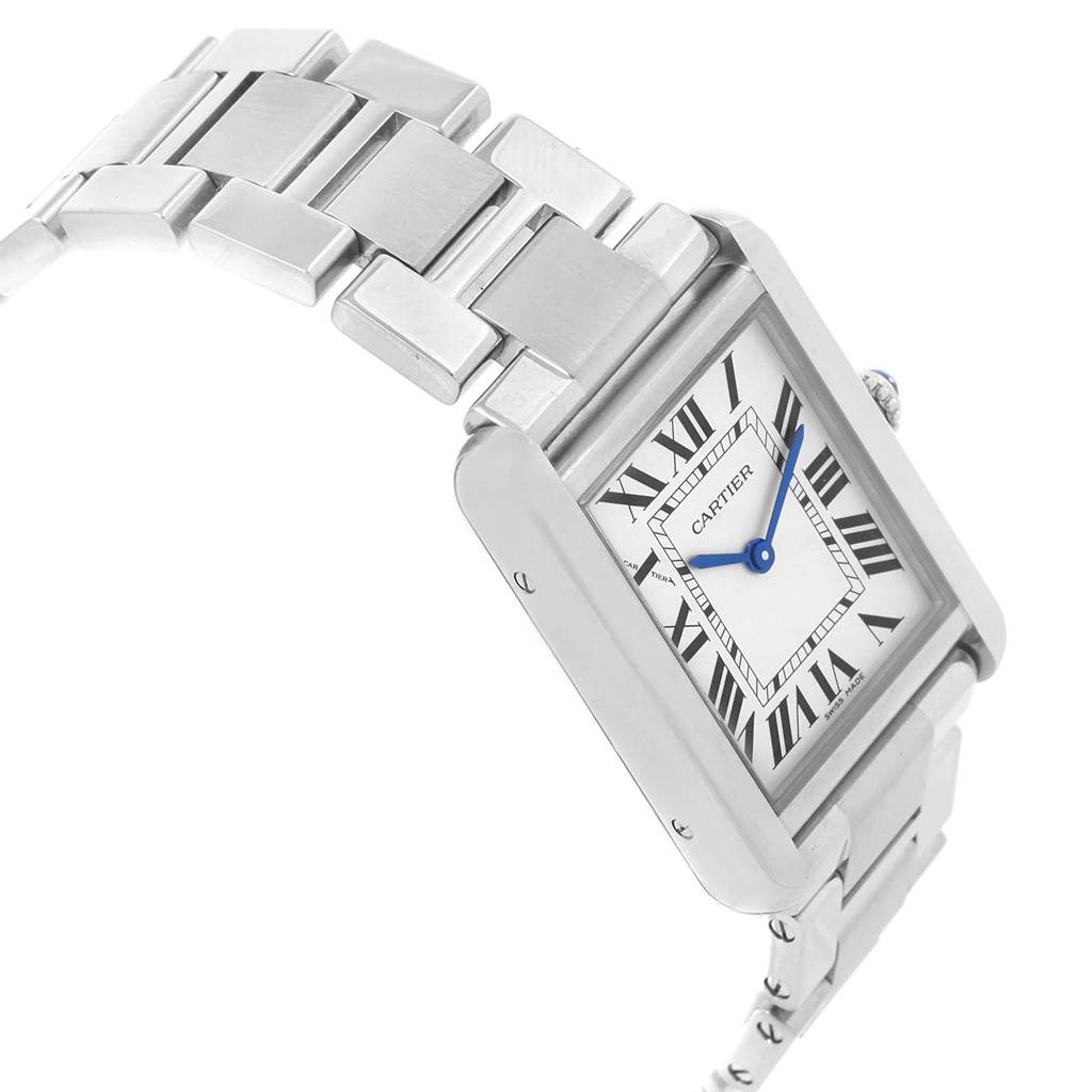 The image shows a Cartier Tank Solo W5200013 Women's Stainless Steel Silver Dial W5200013 Women's Stainless Steel Silver Dial watch at a slight angle, displaying its rectangular face, Roman numeral dial, and metal bracelet.