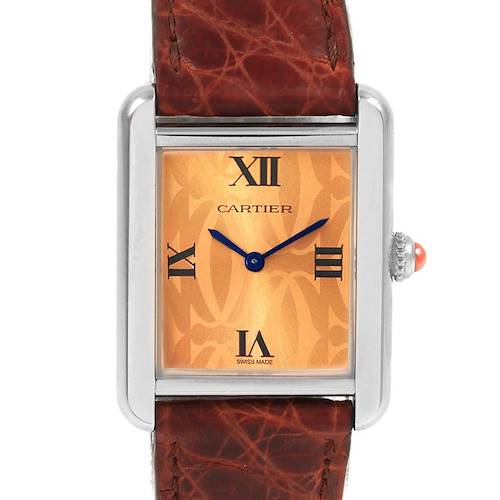 The image shows a front view of the Cartier Tank Solo W1019455 Women's Stainless Steel Orange Dial W1019455 Women's Stainless Steel Orange Dial watch, highlighting its face, bezel, crown, and leather strap.