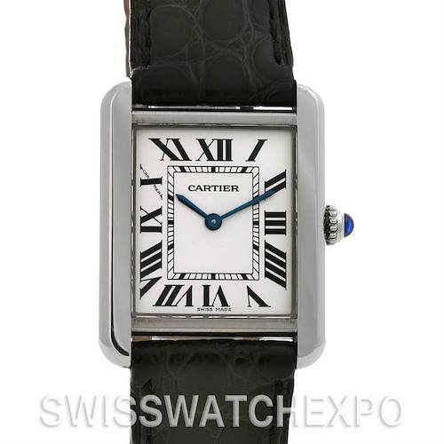 The image shows a frontal view of the Cartier Tank Solo W5200005 Women's Stainless Steel Silver Dial W5200005 Women's Stainless Steel Silver Dial watch, including its rectangular face, Roman numerals, and part of the leather strap.
