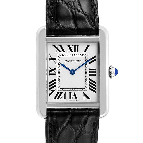 The Cartier Tank Solo W1018255 Women's Stainless Steel Silver Dial W1018255 Women's Stainless Steel Silver Dial watch is shown from a front angle, displaying the face, case, and a portion of the strap.