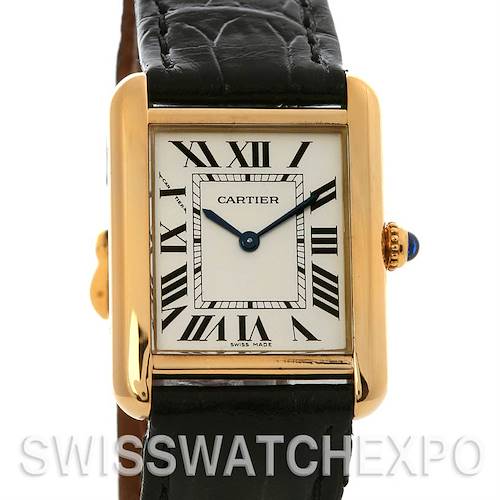 This image shows a front view of the Cartier Tank Solo W1018755 Women's Yellow Gold Silver Dial W1018755 Women's Yellow Gold Silver Dial watch, highlighting its face, Roman numerals, gold casing, and black leather strap.