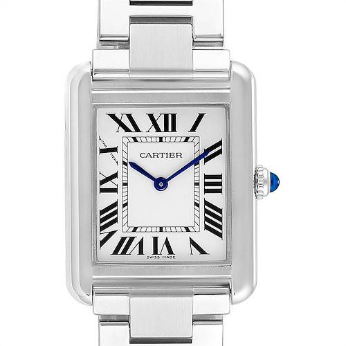 This image shows a frontal view of a Cartier Tank Solo W5200013 Women's Stainless Steel Silver Dial W5200013 Women's Stainless Steel Silver Dial watch, highlighting its rectangular dial, Roman numerals, and crown.
