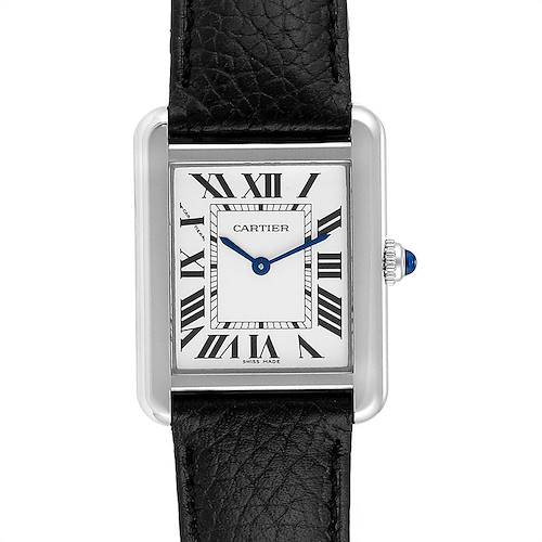 The image shows a front view of a Cartier Tank Solo W1018255 Women's Stainless Steel Silver Dial W1018255 Women's Stainless Steel Silver Dial watch, highlighting its black leather strap, rectangular face with Roman numerals, and blue hands.