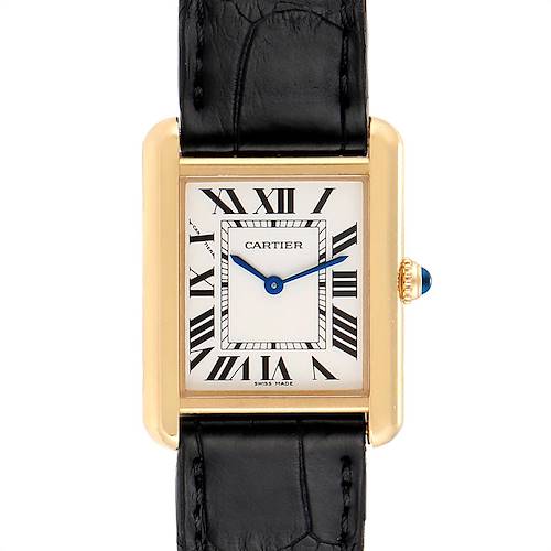 The image shows a frontal view of a Cartier Tank Solo W1018755 Women's Steel and Gold (two tone) Silver Dial W1018755 Women's Steel and Gold (two tone) Silver Dial watch with a gold case, white dial, Roman numerals, and black leather strap.