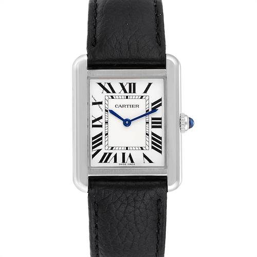 This image shows a front view of the Cartier Tank Solo W1018255 Women's Stainless Steel Silver Dial W1018255 Women's Stainless Steel Silver Dial watch, highlighting its rectangular dial, Roman numerals, and black leather strap.