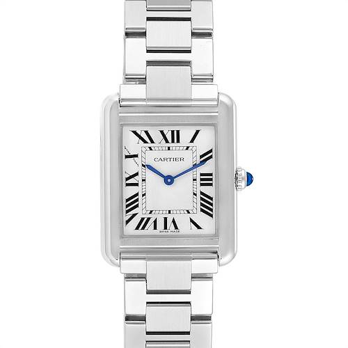 This image shows the front view of a Cartier Tank Solo W5200013 Women's Stainless Steel Silver Dial W5200013 Women's Stainless Steel Silver Dial watch, highlighting its face, Roman numeral markers, and part of the bracelet.