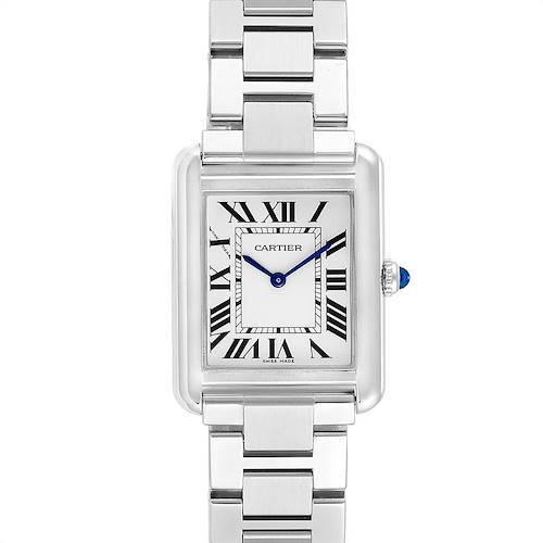 The Cartier Tank Solo W5200013 Women's Stainless Steel Silver Dial W5200013 Women's Stainless Steel Silver Dial watch is shown from a frontal angle displaying its face, bezel, and part of the metal bracelet.
