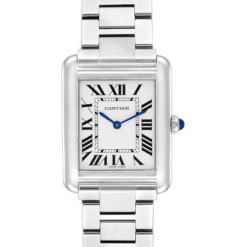 This image shows a Cartier Tank Solo W5200013 Women's Stainless Steel Silver Dial W5200013 Women's Stainless Steel Silver Dial watch from a top-down angle, highlighting the rectangular dial and metal bracelet.