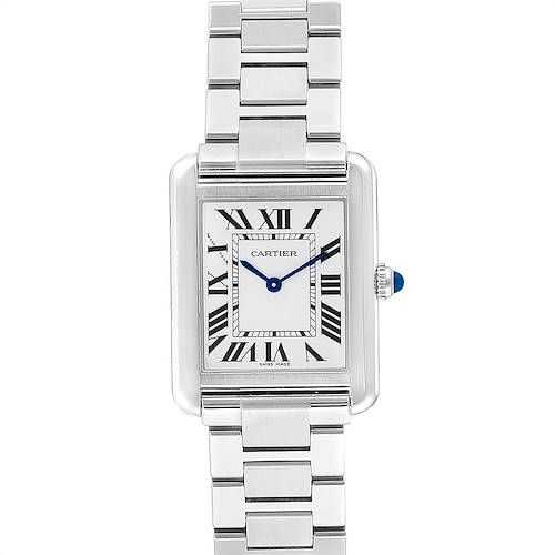 This image shows a frontal view of the Cartier Tank Solo W5200013 Women's Stainless Steel Silver Dial W5200013 Women's Stainless Steel Silver Dial watch, featuring its rectangular face, Roman numerals, and stainless steel bracelet.