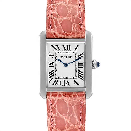 The image shows a front view of a Cartier Tank Solo W5200005 Women's Stainless Steel Silver Dial W5200005 Women's Stainless Steel Silver Dial watch with a pink leather strap and Roman numeral dial.