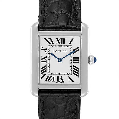 The image shows a frontal view of the Tank Solo Cartier watch with its black leather strap.