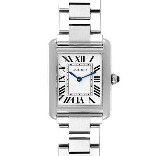 The image shows a front view of the Cartier Tank Solo W5200013 Women's Stainless Steel Silver Dial W5200013 Women's Stainless Steel Silver Dial watch, featuring its rectangular face, Roman numeral markers, blue hands, and silver bracelet.