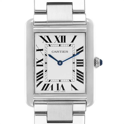 The image shows a close-up of the Cartier Tank Solo W5200014 Men's Stainless Steel Silver Dial W5200014 Men's Stainless Steel Silver Dial watch face and part of its metal bracelet from a front angle.