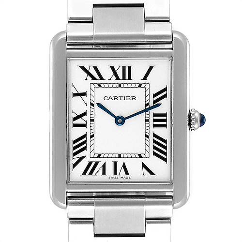 The Cartier Tank Solo W5200014 Men's Stainless Steel Silver Dial W5200014 Men's Stainless Steel Silver Dial watch is shown from a front angle, displaying its face, Roman numerals, hands, crown, and part of the bracelet.