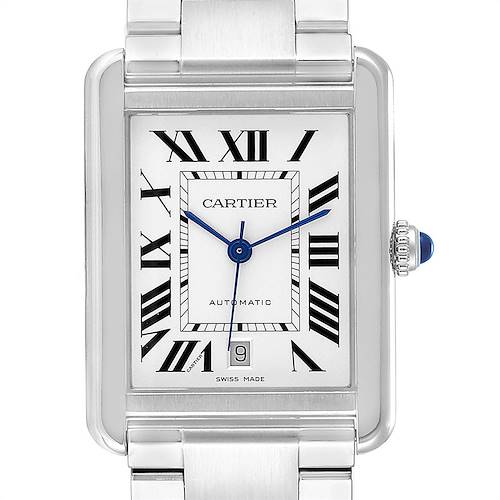 This image shows a front view of the Cartier Tank Solo W5200028 Men's Stainless Steel Silver Dial W5200028 Men's Stainless Steel Silver Dial watch, highlighting the face, dial, hands, crown, and part of the strap.