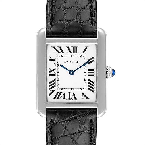 The image shows a front view of the Cartier Tank Solo W1018255 Women's Stainless Steel Silver Dial W1018255 Women's Stainless Steel Silver Dial watch, highlighting its rectangular face and black leather strap.