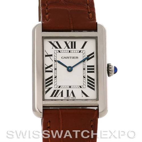 The image shows a front view of the Cartier Tank Solo W5200005 Women's Stainless Steel Silver Dial W5200005 Women's Stainless Steel Silver Dial watch, highlighting its rectangular face, Roman numeral hour markers, and brown leather strap.