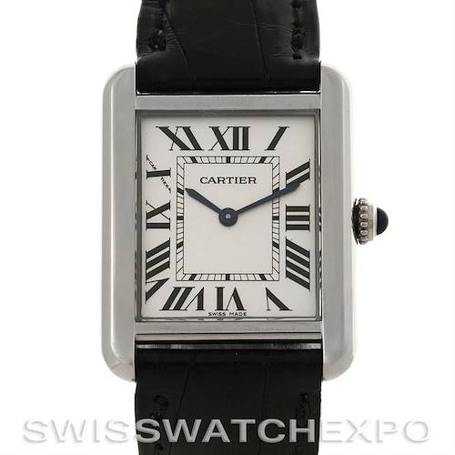 The image shows a front view of the Cartier Tank Solo W1018255 Women's Stainless Steel Silver Dial W1018255 Women's Stainless Steel Silver Dial watch, highlighting its rectangular face, Roman numerals, and leather strap.