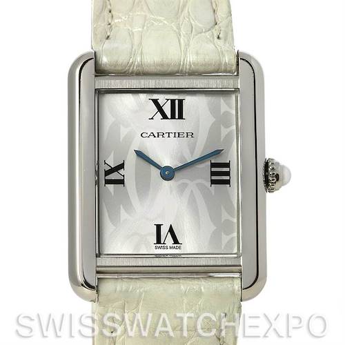 The image shows a frontal view of the Cartier Tank Solo W1019555 Women's Stainless Steel Silver Dial W1019555 Women's Stainless Steel Silver Dial watch, highlighting the dial, hands, and part of the strap.
