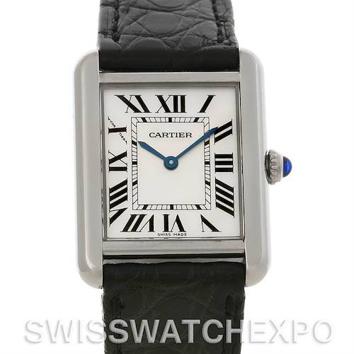 The image shows a front view of the Cartier Tank Solo W1018255 Women's Stainless Steel Silver Dial W1018255 Women's Stainless Steel Silver Dial watch, highlighting its face, Roman numeral markers, and leather strap.