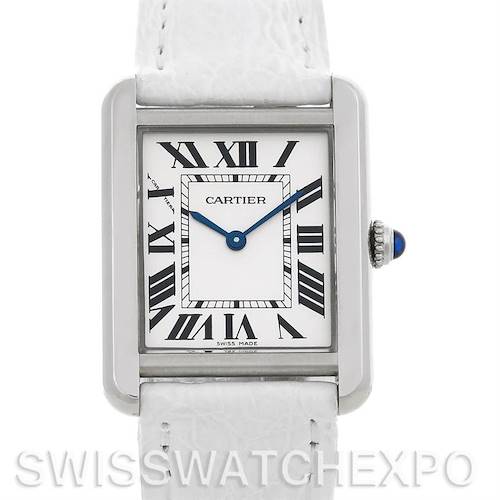 The image shows the front view of the Cartier Tank Solo W1018255 Women's Stainless Steel Silver Dial W1018255 Women's Stainless Steel Silver Dial watch, displaying its rectangular face, Roman numerals, and white strap.