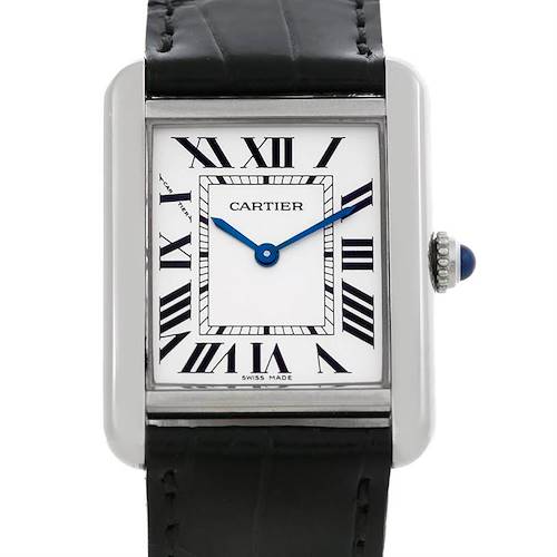 The image shows a front view of the Cartier Tank Solo W1018255 Women's Stainless Steel Silver Dial W1018255 Women's Stainless Steel Silver Dial watch, showcasing its dial, hands, and black leather strap.