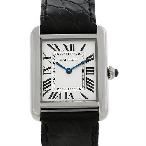The image shows a front view of a Cartier Tank Solo W1018255 Women's Stainless Steel Silver Dial W1018255 Women's Stainless Steel Silver Dial watch, highlighting the face, roman numerals, hands, and a portion of the strap.