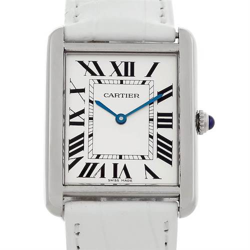 This image shows a front view of the Cartier Tank Solo W1018355 Men's Stainless Steel Silver Dial W1018355 Men's Stainless Steel Silver Dial watch, highlighting its face, Roman numerals, and part of its white leather strap.