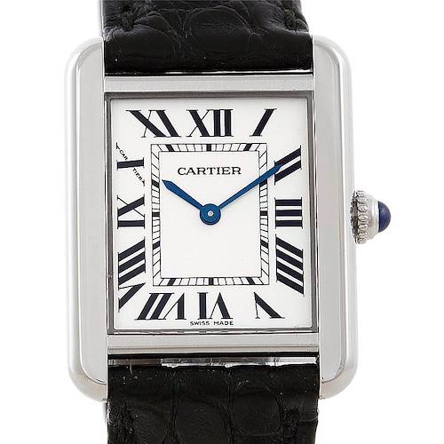 The image shows a front view of a Cartier Tank Solo W1018255 Women's Stainless Steel Silver Dial W1018255 Women's Stainless Steel Silver Dial watch, showcasing its face, Roman numerals, and a portion of the black leather strap.