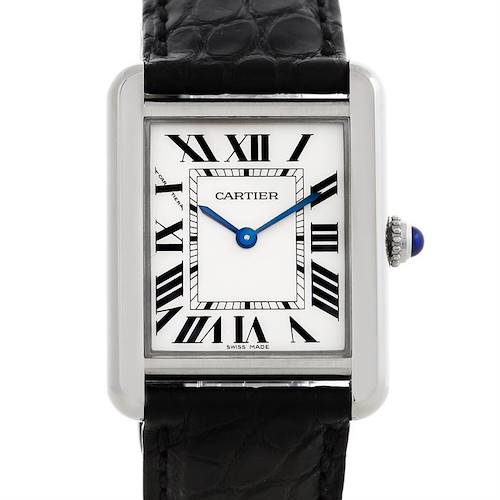 The image shows a close-up of a Cartier Tank Solo W1018255 Women's Silver Dial W1018255 Women's Silver Dial watch, featuring its rectangular dial, Roman numerals, blue hands, and crown.