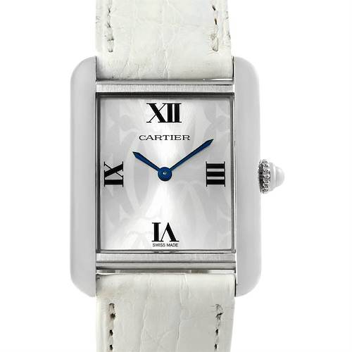 The image shows a front view of the Cartier Tank Solo W1019555 Women's Stainless Steel Silver Dial W1019555 Women's Stainless Steel Silver Dial watch, highlighting its rectangular face and white leather strap.