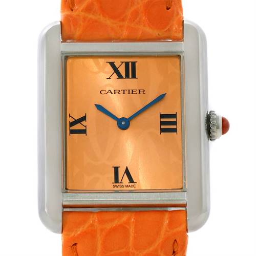 This image shows a close-up of the dial and case of the Cartier Tank Solo W1019455 Women's Stainless Steel Orange Dial W1019455 Women's Stainless Steel Orange Dial watch with an orange strap.