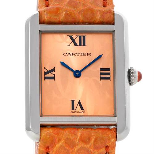 This image shows a Tank Solo model by Cartier from a top-down angle, highlighting its face, crown, and part of its strap.