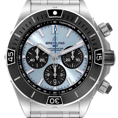 The Breitling Chronomat PB0136 Men's Stainless Steel Blue Dial PB0136 Men's Stainless Steel Blue Dial watch is shown from the front angle, showcasing its dial, tachymeter bezel, and chronograph sub-dials.