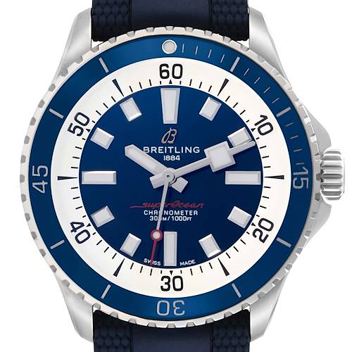 The image shows a front view of the Breitling Superocean A17375 Men's Stainless Steel Blue Dial A17375 Men's Stainless Steel Blue Dial watch, highlighting the dial, bezel, and crown.