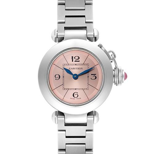 The image shows a front view of the Pasha model by Cartier, highlighting its dial, hands, bezel, and part of the bracelet.