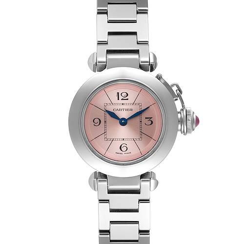This image shows a frontal view of a Cartier Pasha W3140008 Women's Stainless Steel Pink Dial W3140008 Women's Stainless Steel Pink Dial watch with a pink dial and stainless steel bracelet.