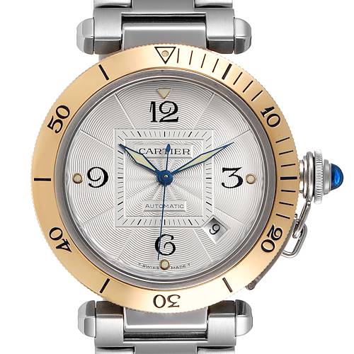 The Cartier Pasha 2378 Men's Steel and Gold (two tone) Silver Dial 2378 Men's Steel and Gold (two tone) Silver Dial watch is shown from a top view displaying the face, bezel, crown, and part of the bracelet.